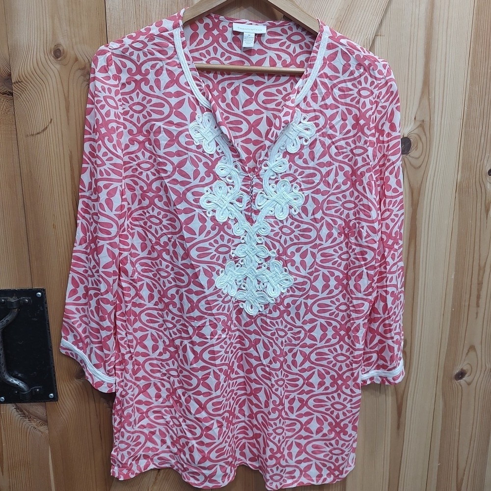 Charter Club ‎ Womens Medium Tunic Pink White Floral Embroidered Blouse Beach